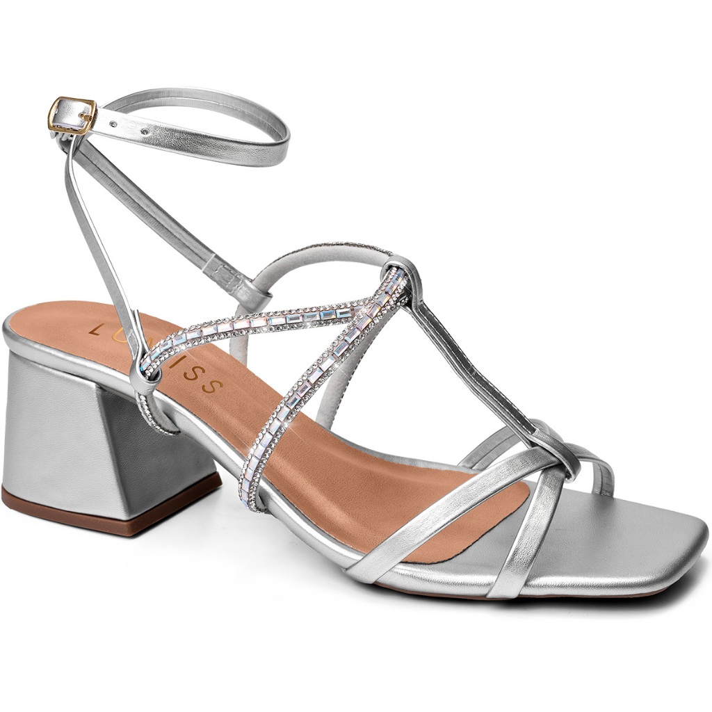 Sandália Feminina Lumiss Bico Quadrado Salto Baixo Bloco Confortável Brilho Strass