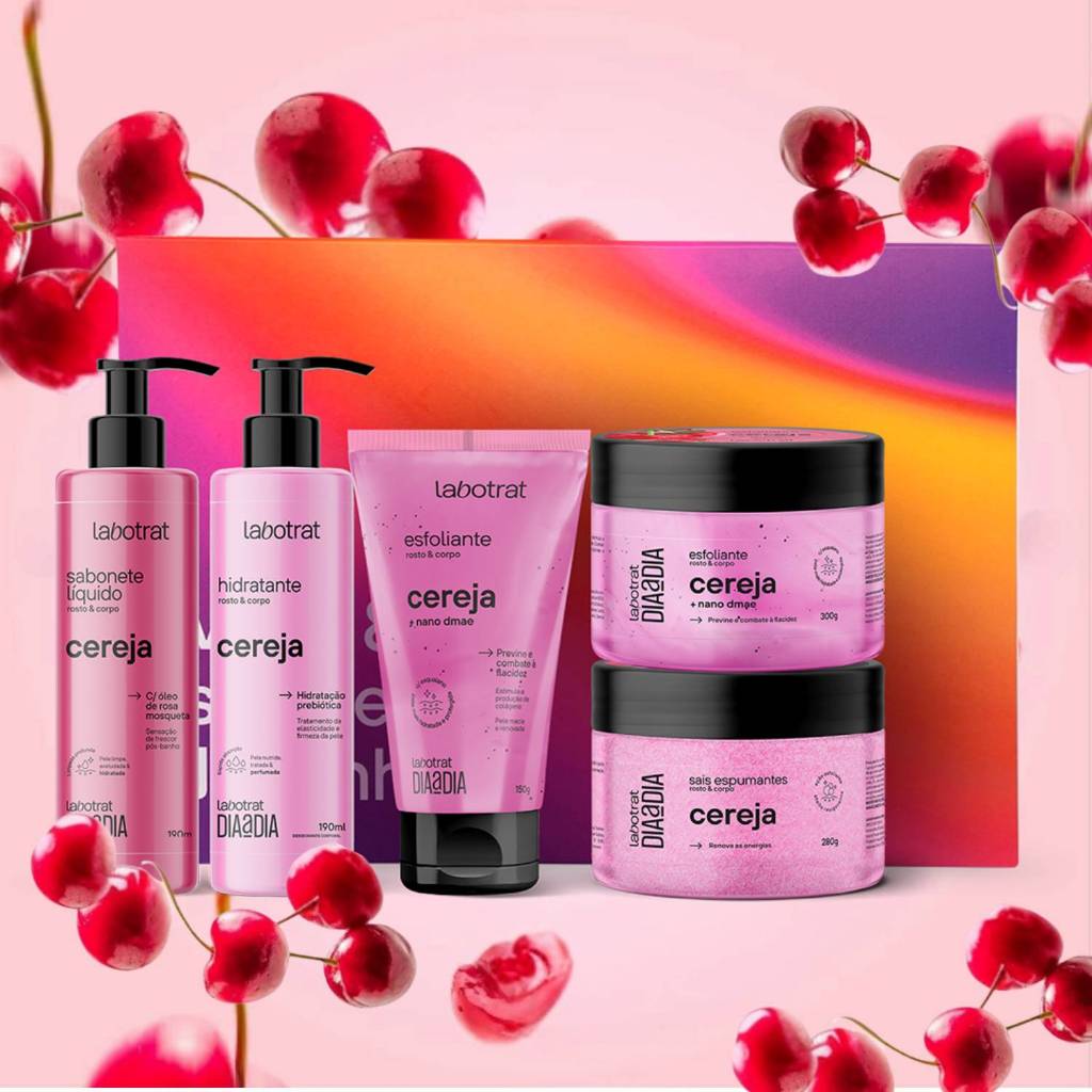 Kit Dia a Dia Experiência de Banho Cereja - Labotrat | Caixa Presente com 5 Itens de Cuidados Diários