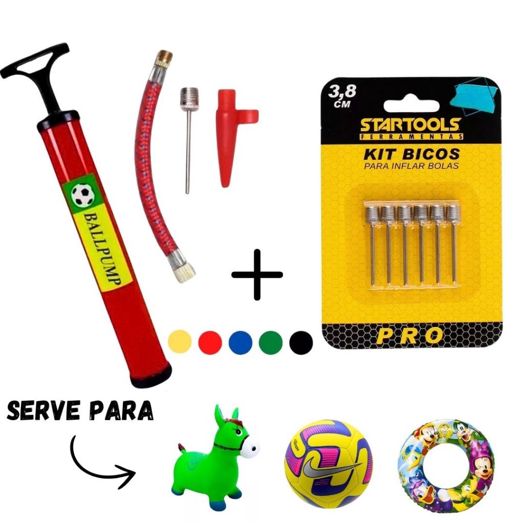 Bomba de Ar + 5 Bicos de Metal para Encher Bola Futebol Vôlei Basquete Bico Encher Infláveis Boia Colete Balões 9 Peças