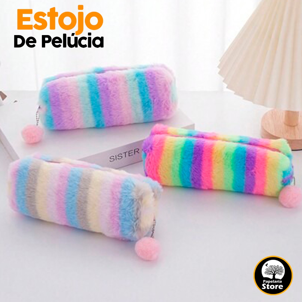 Estojo Escolar Feminino Colorido De Pelúcia Porta Lápis Canetas Objetos Pompom Zíper em Oferta na Shopee