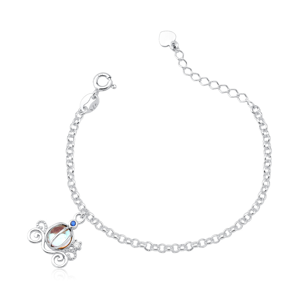 Pulseira infantil em prata 925 elo português com pingente de carruagem com pedra colorida 12cm + 3cm