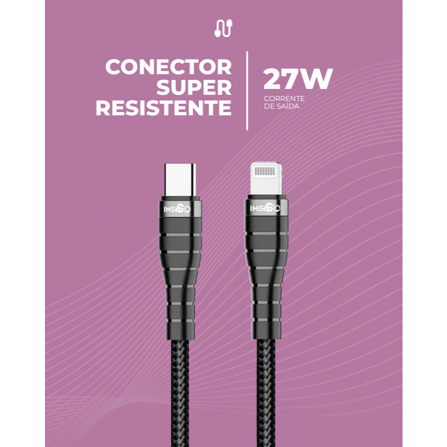 Cabo Type-c/Lightning iPhone 6/7/8/X/11/12/13/14 2m 27w Imenso Original Nylon Trançado IMS-145a - detalhe
