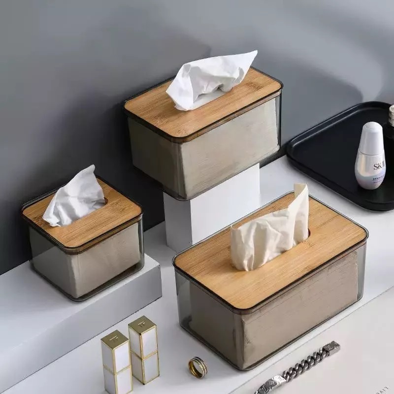 Porta Papel Higienico Luxo Transparente com Tampa de Bambu