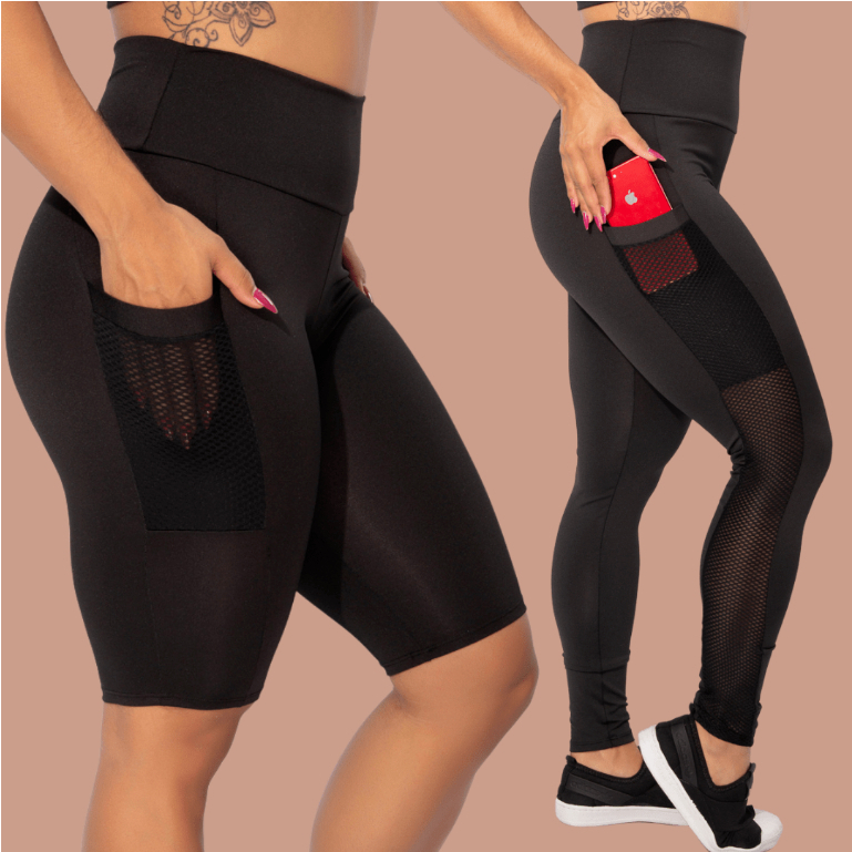 Kit Calça Legging Cintura Alta e Bermuda De Bolso Tela Fitness Academia Treino Feminino F7 NEW STYLE