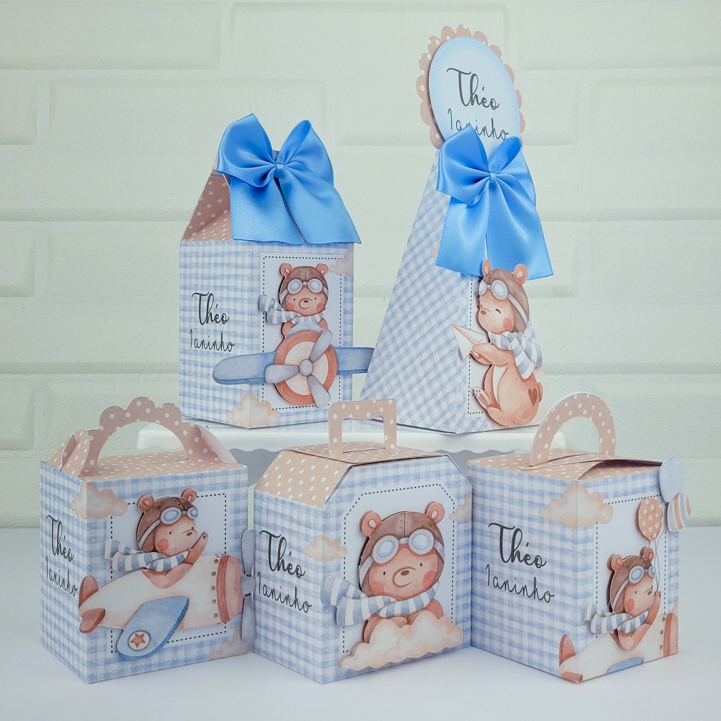 Kit Festa Personalizados - Ursinho Aviador - Lembrancinhas de aniversário - Caixinhas Personalizadas