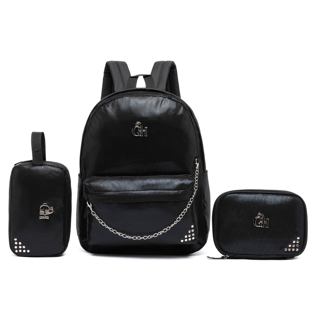 Kit Mochila Feminina Preta Estojo Universitário Nécessaire Reforçada em Oferta na Shopee