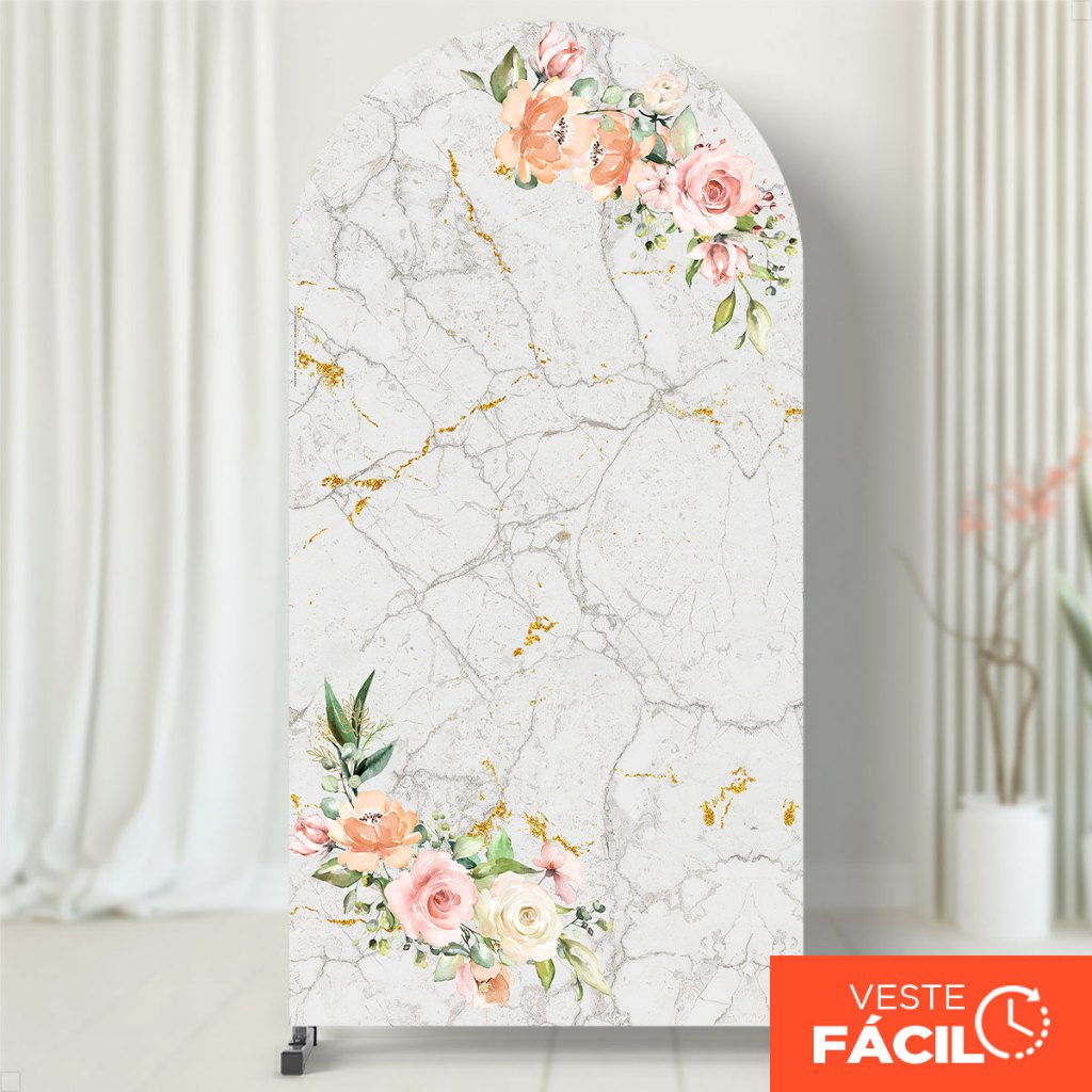 Capa Painel Romano Festa Floral Mármore Sublimado Em Tecido Com Elástico 2x1m Veste Fácil