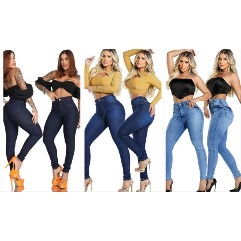 Kit 2 Calças Feminina Jeans Cintura Alta Com Lycra Levanta Bumbum Lançamento em Oferta na Shopee