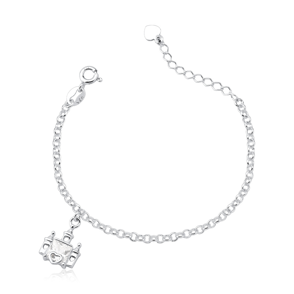 Pulseira infantil em prata 925 legítima elo português 12cm + 3cm com pingente de castelo cravejado com zircônia quadrada