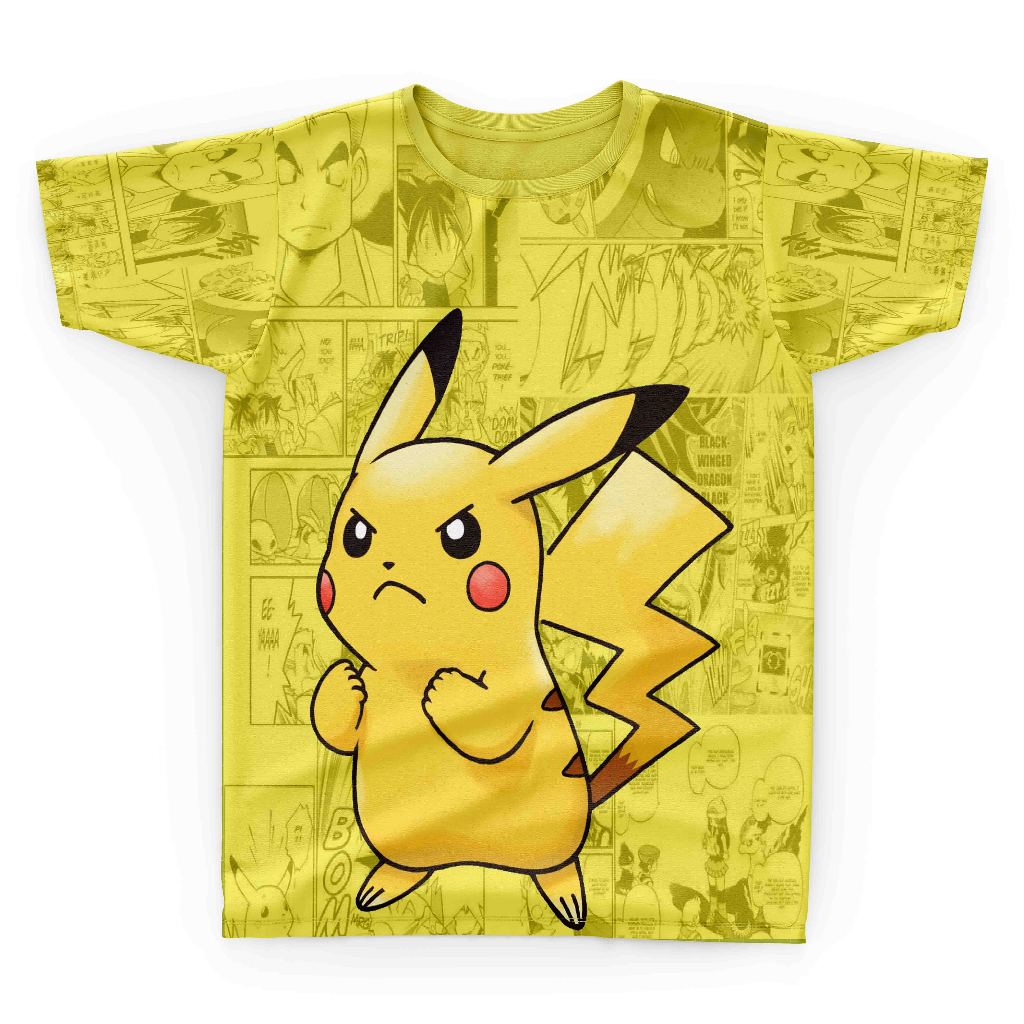 Camiseta Camisa Pokemon Pikachu Amarela Anime Adulto e Infantil Estampado Frente e Verso
