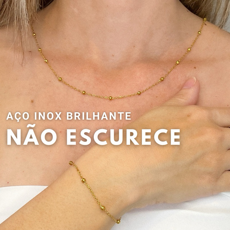 kit Colar e Pulseira Dourado Ouro bolinha esferas não escurece Aço inoxidável Hipoalergênico Choker feminino em Oferta na Shopee