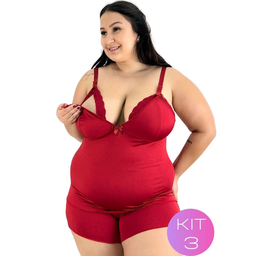 Kit 3 Baby Doll Amamentação Plus Size Renda Pijama Sexy Feminino Moda Íntima Lingerie Menina Atrevida