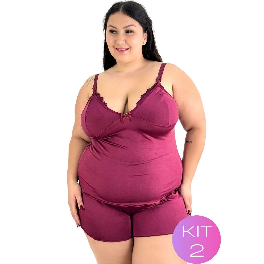 Kit 2 Baby Doll Amamentação Plus Size Renda Pijama Sexy Feminino Moda Íntima Lingerie Menina Atrevida
