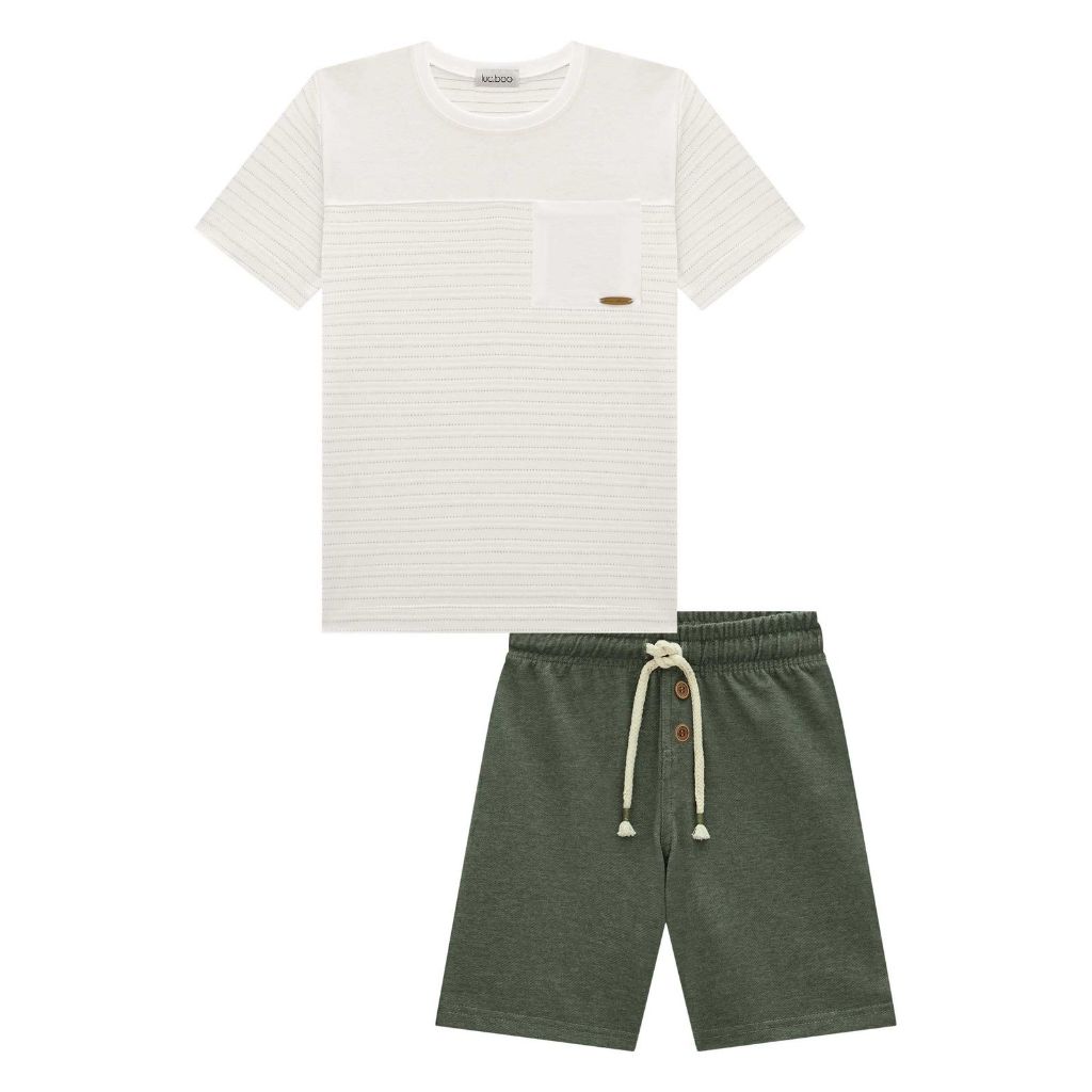 CONJ. MASCULINO INFANTIL DE CAMISETA EM MALHA TEXTURA E RIBANA 1X1 E BERMUDA EM COTTON JEANS - LUCBOO
