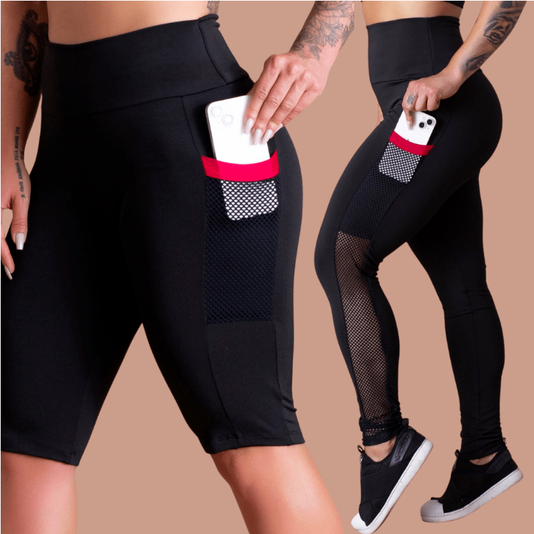 Kit Calça Legging E Bermuda De Bolso Tela Cintura Alta Fitness Academia Feminino GJR Modas em Oferta na Shopee