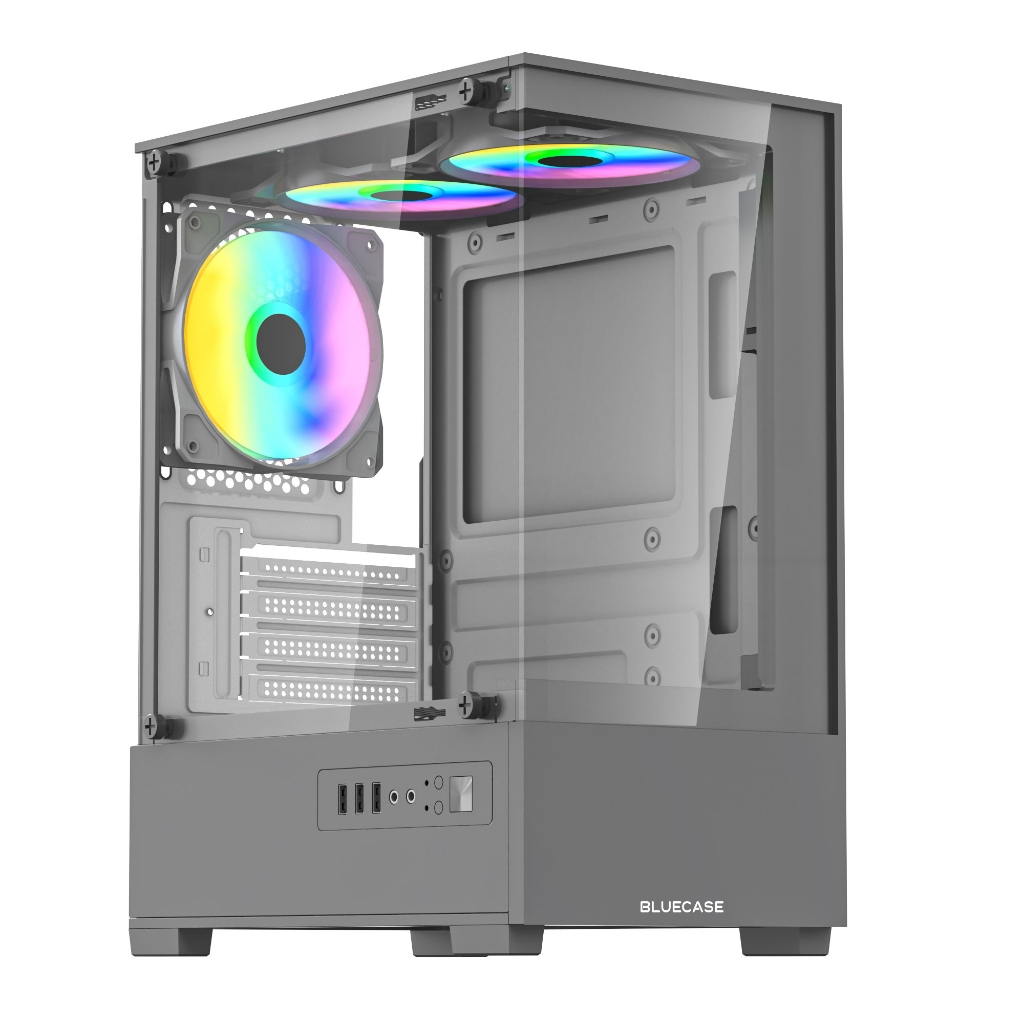 Gabinete Gamer HIT Pro Bluecase Cinza, Mid-tower, frente e lateral vidro, 3 fans RGB