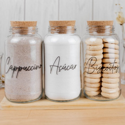 Kit Cantinho do Café - Cappuccino, Açúcar e Biscoitos | 3 potes de Vidro 810ml com Tampa Rolha + Adesivos