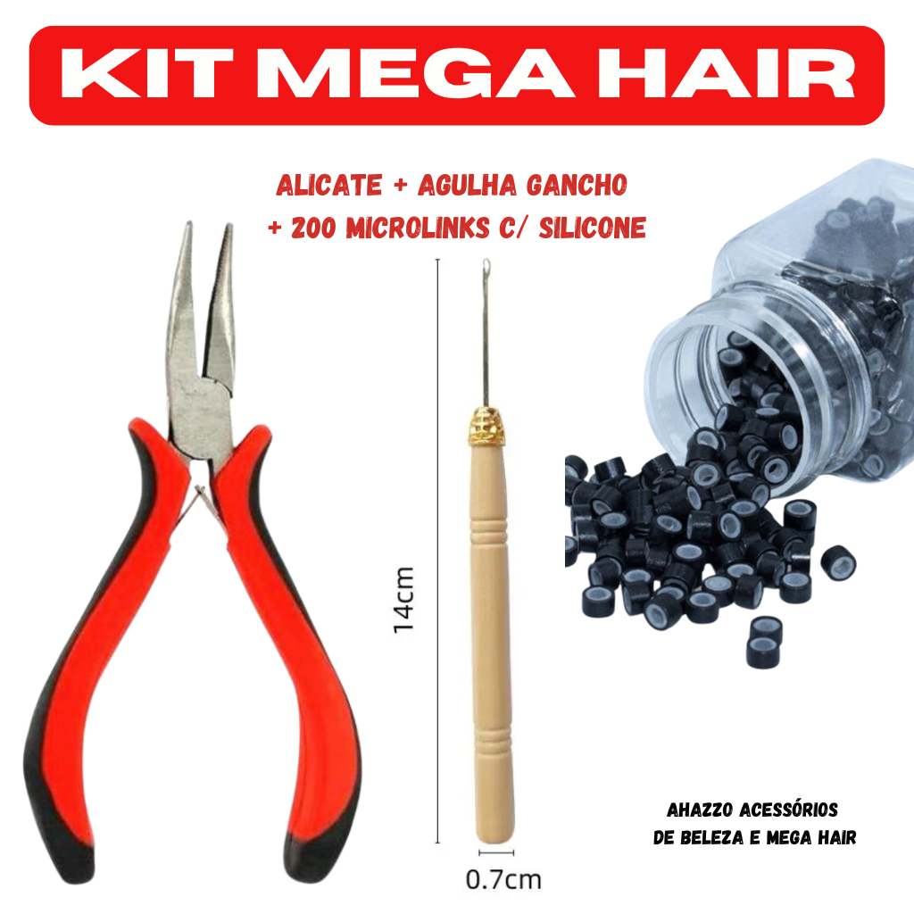 Kit Mega Hair Alicate + Agulha Gancho +200 Microlinks C/ Silicone em Oferta na Shopee