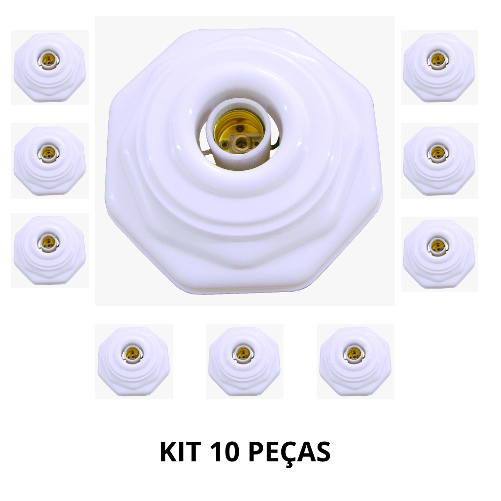 Kit 10 Plafon Octagonal Soquete E27 Branco COM FIO P/ Lampada de ate 100w Luminária em Oferta na Shopee