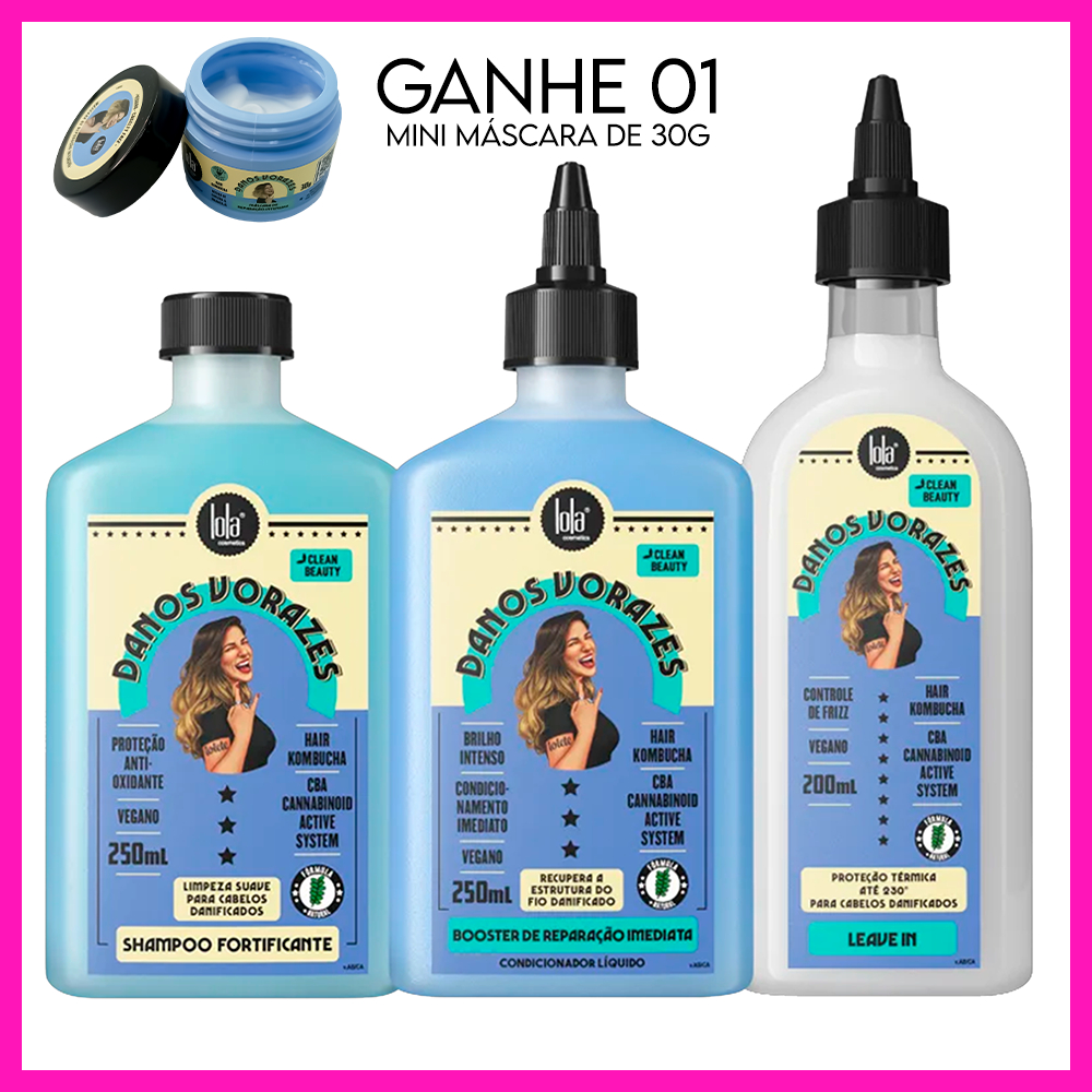 Lola Danos Vorazes Shampoo 250ml + Condicionador Booster 250ml + Leave In 200 ml (Kit c/ 3 Produtos) em Oferta na Shopee