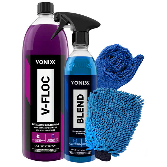 Kit Lavagem Cera Blend Spray Shampoo V-floc 1,5L + Toalha E Luva Microfibra