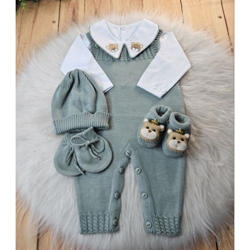Kit Jardineira salopete linha urso 5 peças verde maré