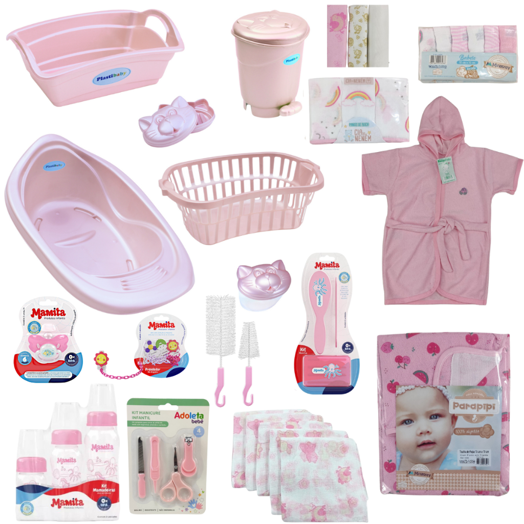 Kit Completo Banho Enxoval Bebê Banheira Toalha Mamadeira Fraldas Roupão kit higiene Infantil
