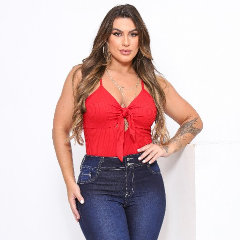 Blusa Feminina com Bojo de Alcinha Regata Cropped de Alça Feminino Canelado Blusinha Básica Laço