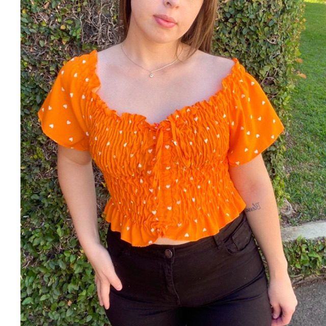 cropped blusinha lastex laranja coração confortável fofa estilosa