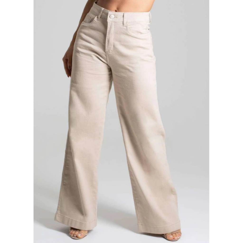 Calça Wide Leg Pantalona Jeans Feminina Cintura Alta Levanta Bumbum
