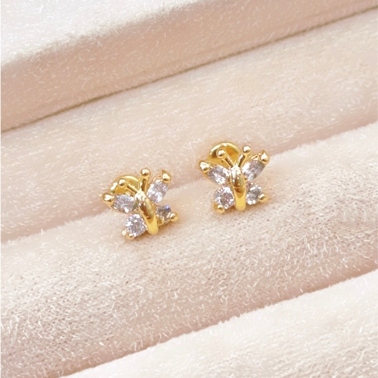 Brinco Infantil Borboleta com Zircônia Folheado a Ouro 18K - Hipoalergênico com Tarraxa Baby de Segurança