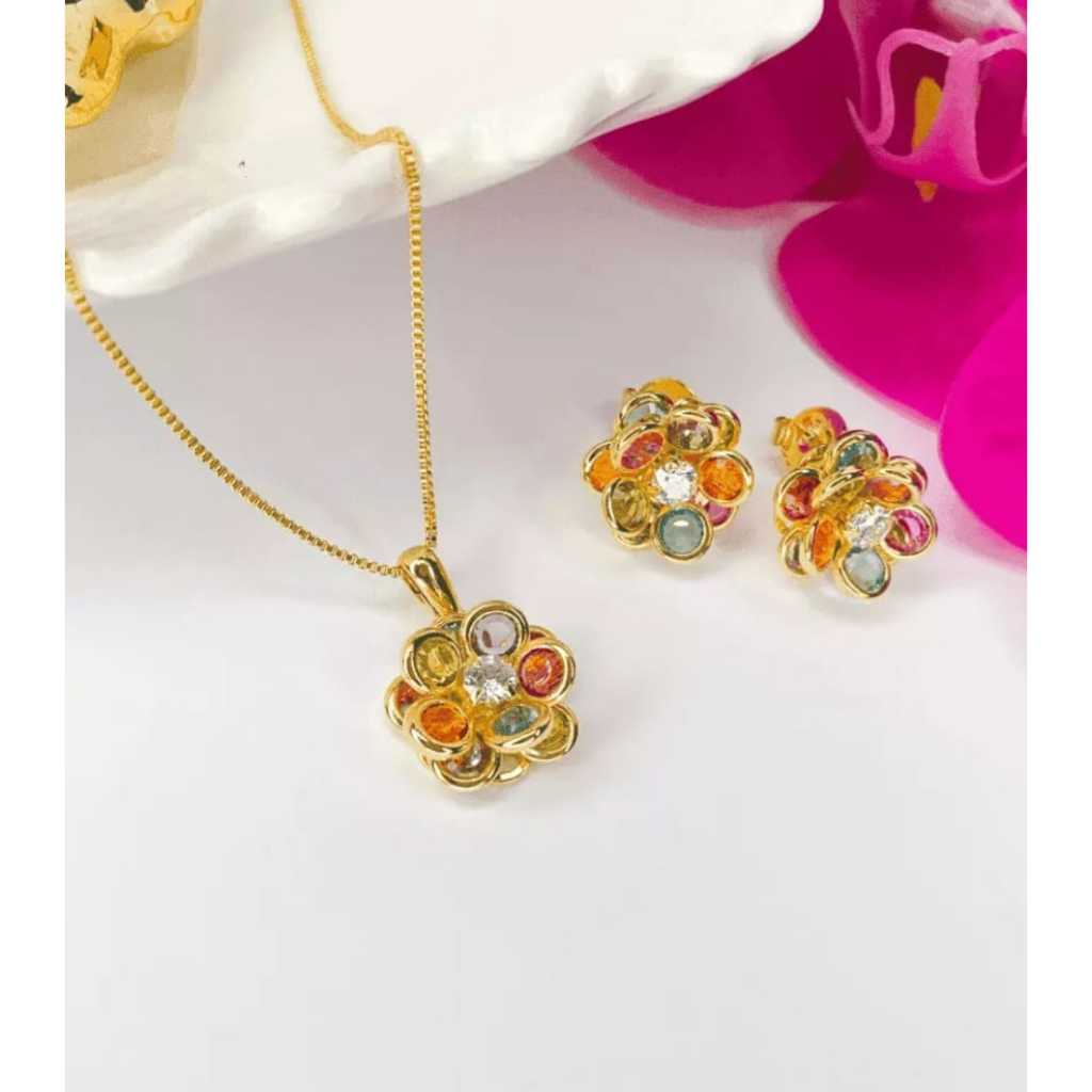 Conjunto Flor Pedras Coloridas Folheado Moda Feminina Presente Mulher Folheado a OURO 18K em Oferta na Shopee