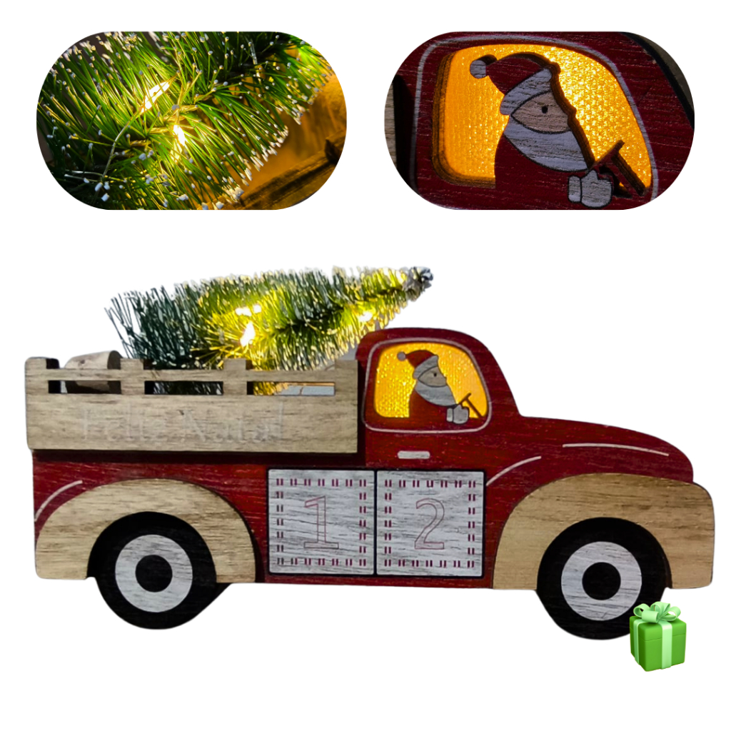 Decoração de natal caminhão madeira papai noel arvore pinheiro com luz led
