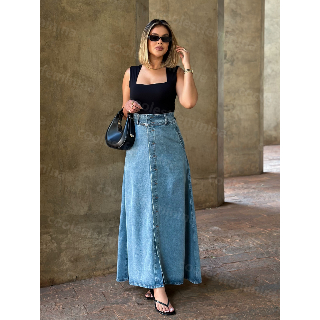 Coolestfeminina 1005 1007 Saia Longa  jeans Com botao forrado feminina tecido grosso em Oferta na Shopee