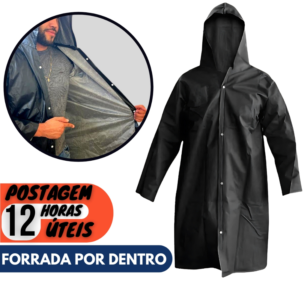 Capa de Chuva Com Capuz Forrada Reforçada Preta Impermeavel Resistente Obra Construção Civíl em Oferta na Shopee