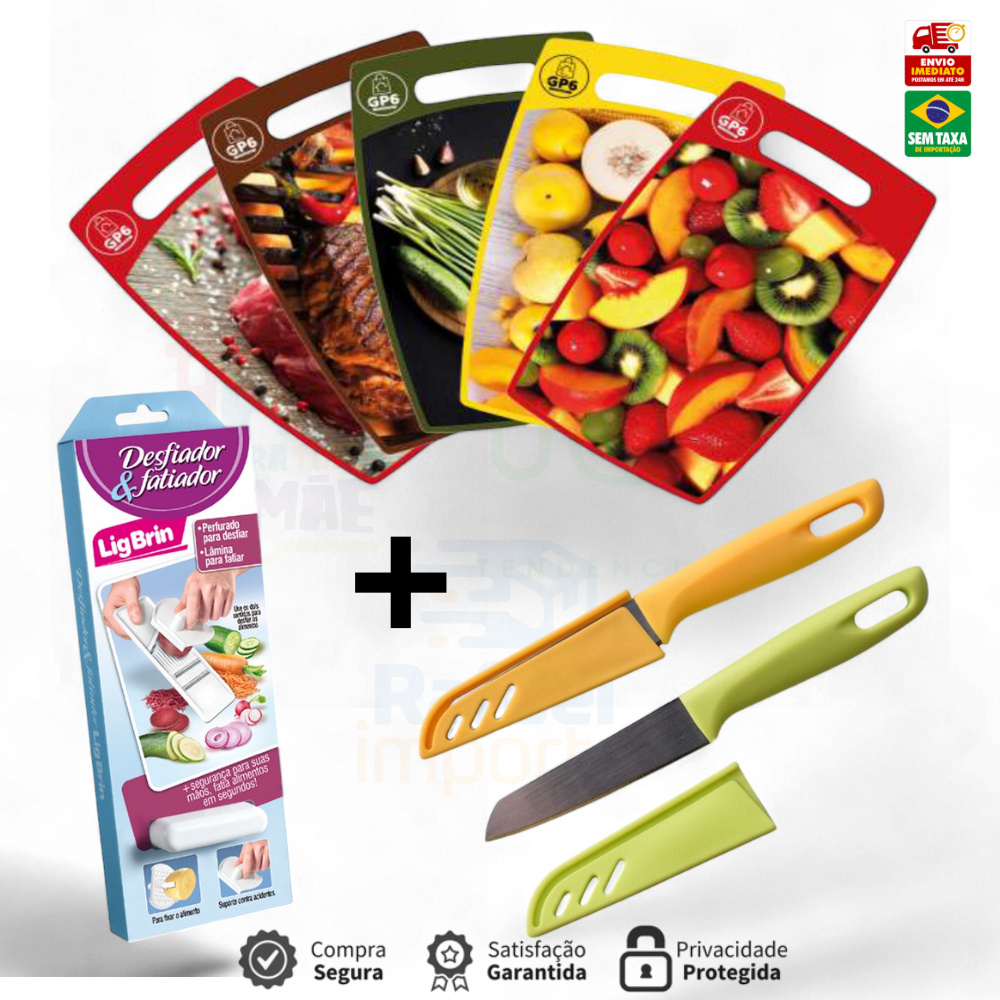 Kit Tabua Plastica Estampada 36cm +Desfiador+Faca Legumes com Capa Cor Aleatoria 26,5 x 23 cm GP2041 em Oferta na Shopee