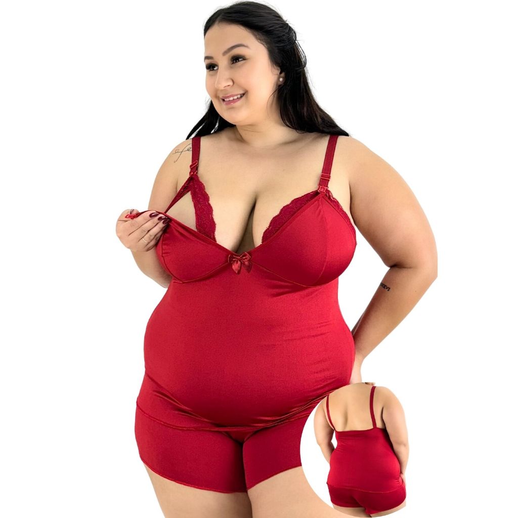 Baby Doll Amamentação Plus Size Renda Pijama Sexy Feminino Moda Íntima Lingerie Menina Atrevida