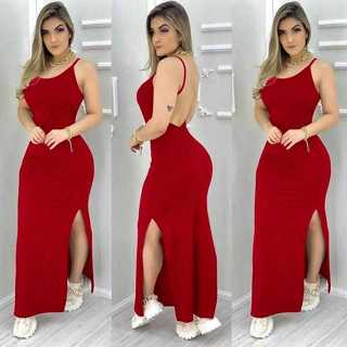 Vestido Feminino Longo de Alça COSTA NUA ,Canelado Lisa Malha,Tubinho Casual Moda Verão em Oferta na Shopee