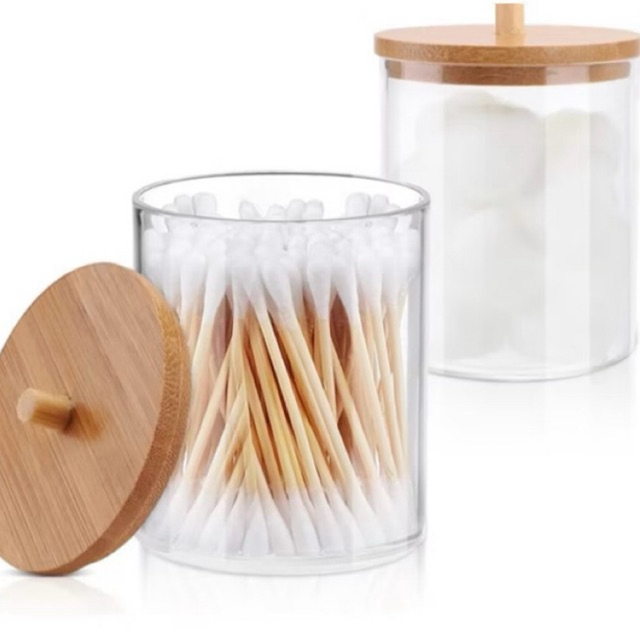 Porta Algodão ou Cotonete Acrílico Transparente Com Tampa Bambu Organizador