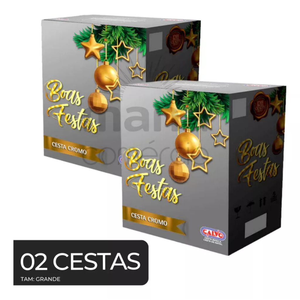 Kit 2 Cesta Natal Cromo 23 Itens C/ 2 Panetones Presente Ceia Fim De Ano Festa