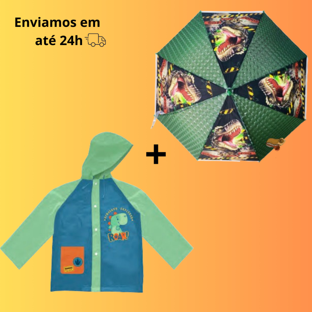 Kit Capa + Guarda-Chuva Dinossauro C/ Apito