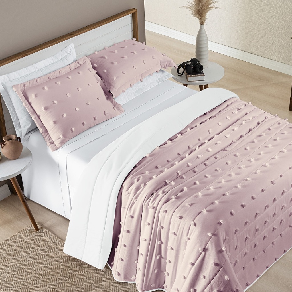 Cobre Leito Solteiro Casal Queen King 300 Fios Dupla Face Pompom Minimalista