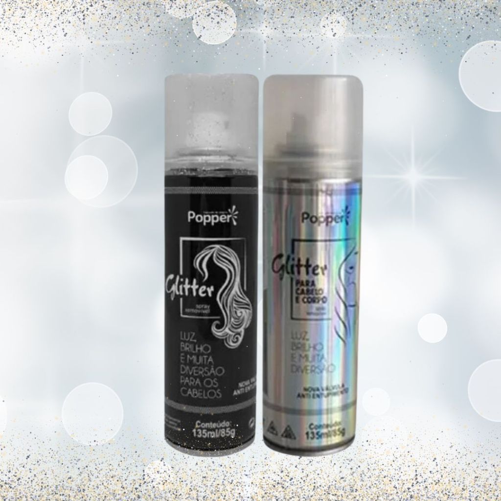 Kit 2 unidades: Spray Glitter Popper Prata + Holográfico Para Cabelo Roupa e Corpo 135ml em Oferta na Shopee