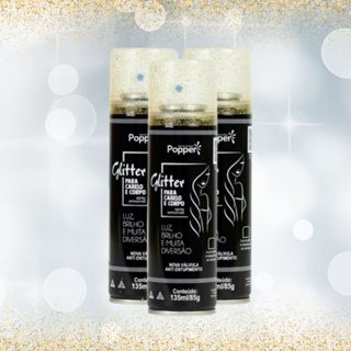 Kit 3 unidades: Spray Glitter Dourado Para Cabelo Roupa e Corpo Popper 135ml em Oferta na Shopee