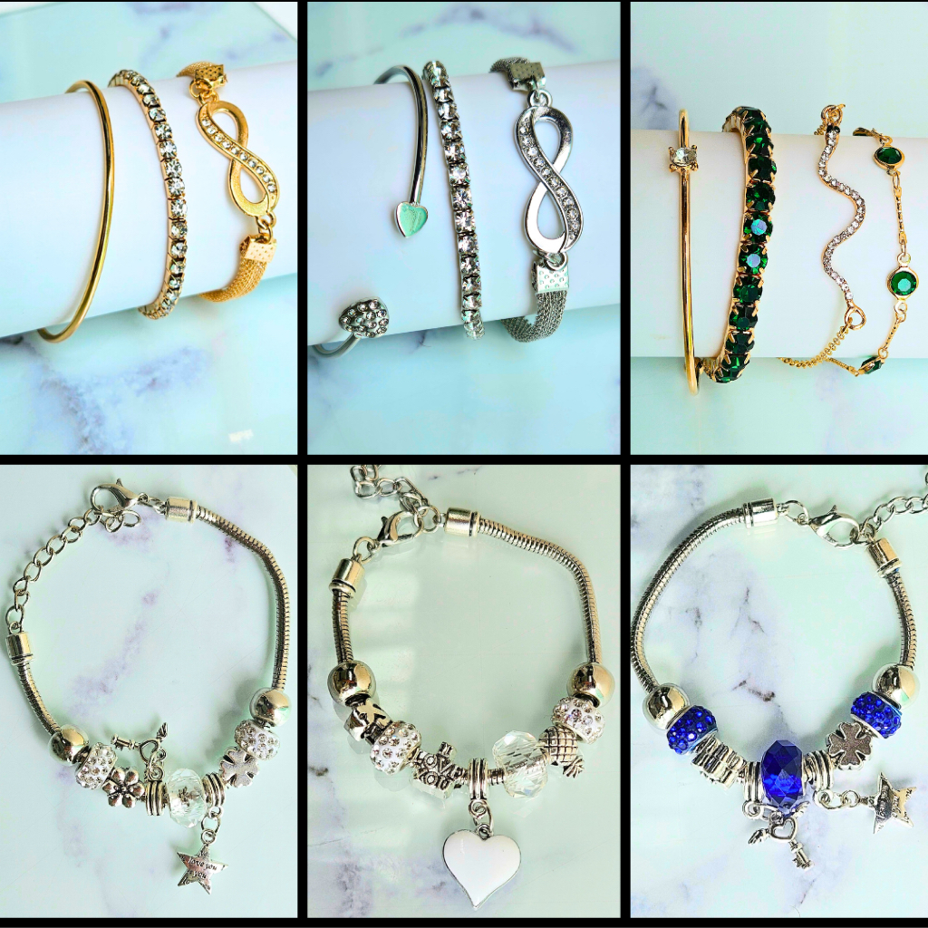 kit 3 pulseiras infinito dourada, kit 3 pulseiras infinito prata, kit 4 Pulseiras dourada strass verde, berloque estrela