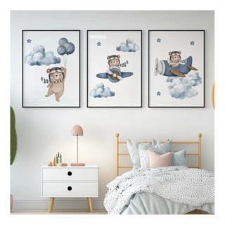 quadro decorativo ursinhos em avião e balões azuis quarto sala infantil perfeito para criança 3 peça em Oferta na Shopee
