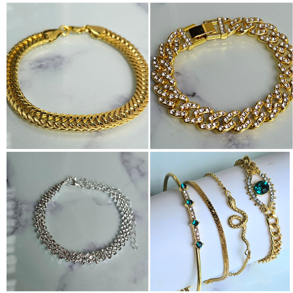pulseira corrente dourada, Pulseira corrente strass dourada, pulseira prata strass,  4 pulseiras dourada cobra strass