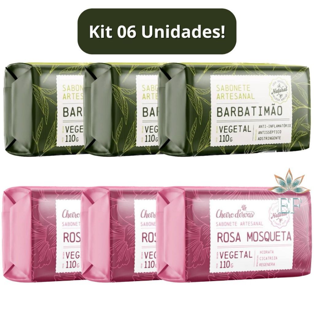 Kit 6 Unidades: 3 Sabonetes BARBATIMÃO em Barra 110g + 3 Sabonetes Rosa Mosqueta 110g Cheiro D Ervas