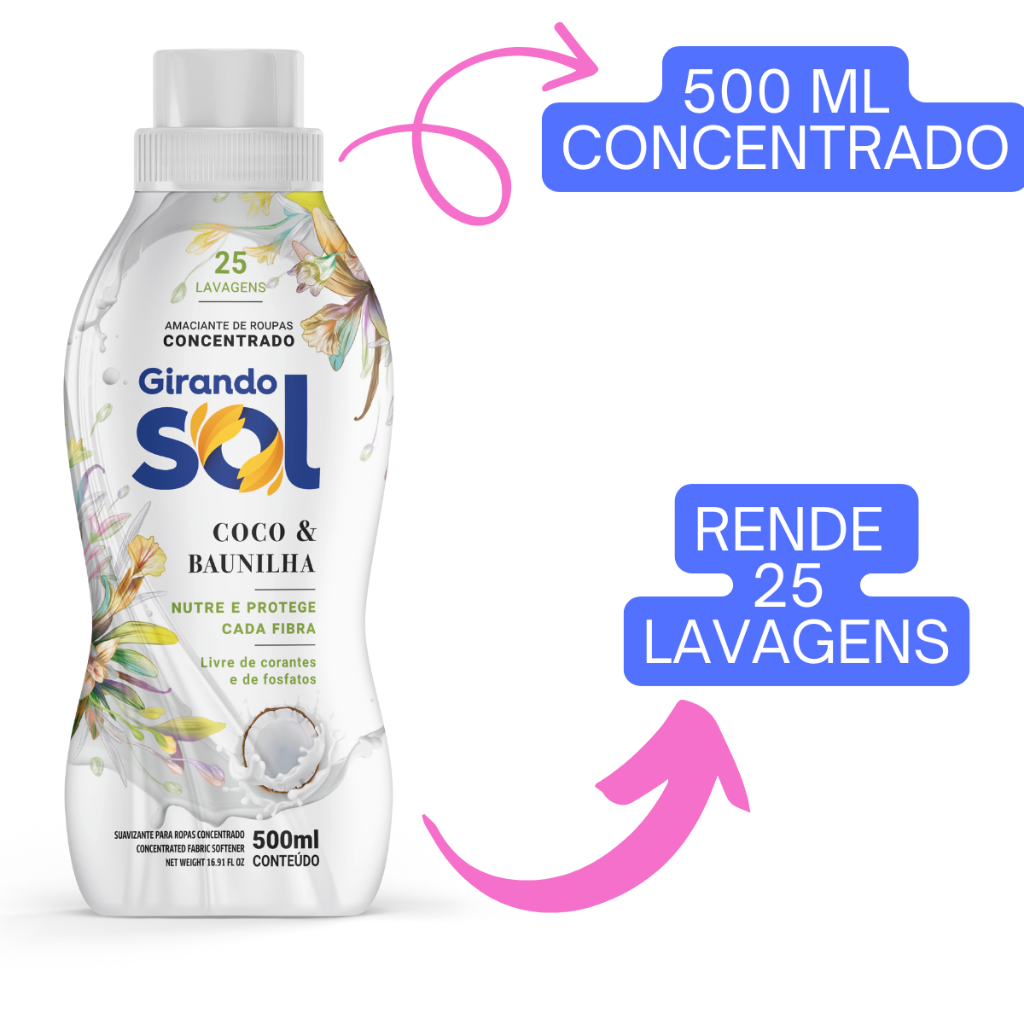 Amaciante Girando Sol Coco E Baunilha Concentrado 500ml - Rende até 25 Lavagens em Oferta na Shopee