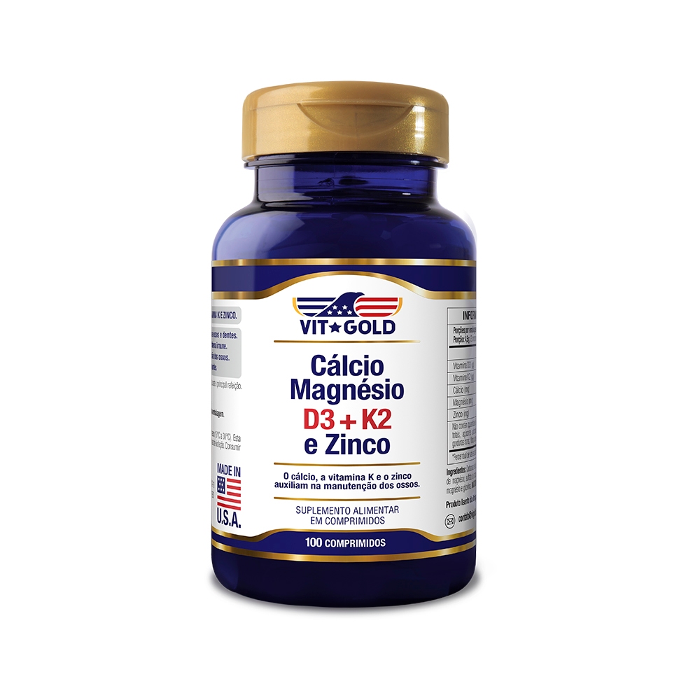 Cálcio Magnésio Zinco com Vitamina D3 e K2 Vitgold 100 comp. em Oferta na Shopee